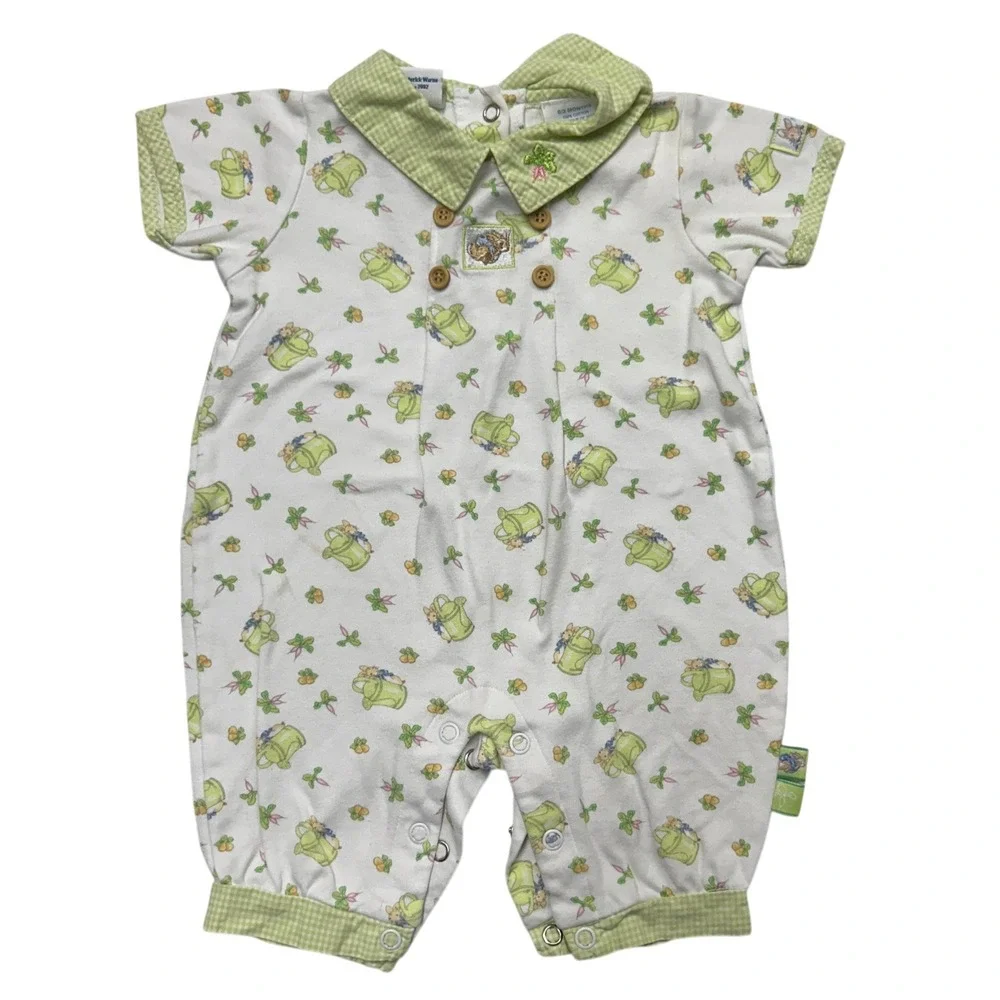 Peter Rabbit Beatrix Potter Embroidered Romper 0/3M White Green Cottagecore